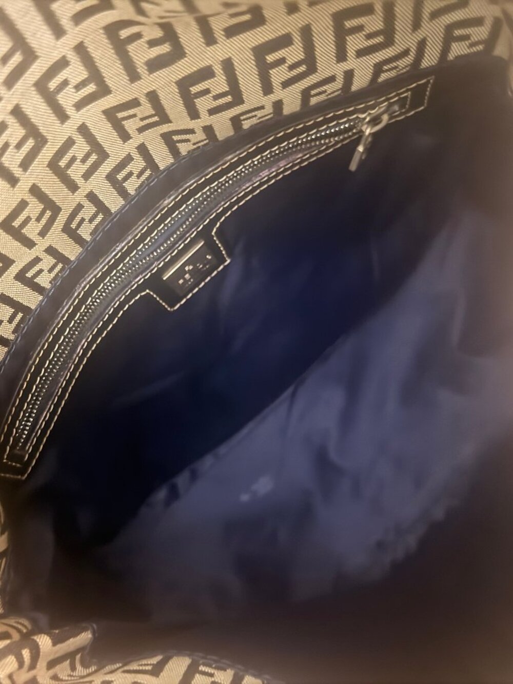 Fendi Mamma Zucca Bucket Baguette Navy Tan Flap Bag Purse Tote FF - Picture 11 of 16